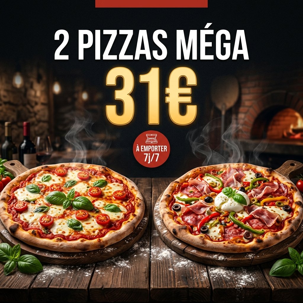 2 Pizzas Méga à 31€ — À emporter 7j/7